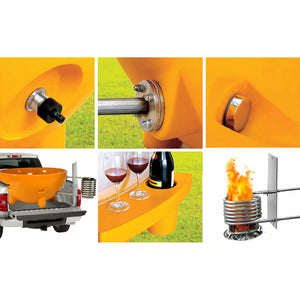 Orange ALFI FireHotTub The Round Fire Burning Portable Outdoor Hot Bath Tub made of acrylic and reinforced with a fiberglass core, Flat feet, stainless steel windscreen panels and ledge in a white background