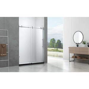 Legion Furniture 61" - 65" Single Sliding Frameless Glass Shower Door Set GD9061-65 - Glass Type: Clear - Stainless Steel Construction - Chrome - Steel Rollers Closing - Overall size: 65″ W x 75″ H - Lifestyle Setting - GD9061-65 - Vital Hydrotherapy