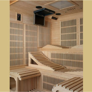 Near Zero EMF Far Infrared Sauna - Natural hemlock wood construction with FM/CD radio with MP3 auxiliary connection, Interior reading/chromotherapy lighting system, Interior and exterior LED control panel, Electrical service, Carbon PureTech™ Near Zero EMF Heat Emitters, Tempered glass door,  Roof vent interior view