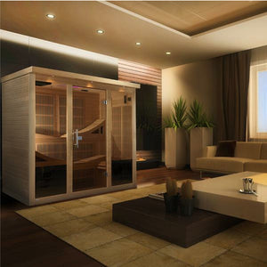 Near Zero EMF Far Infrared Sauna - Natural hemlock wood construction with FM/CD radio with MP3 auxiliary connection, Interior reading/chromotherapy lighting system, Interior and exterior LED control panel, Electrical service, Carbon PureTech™ Near Zero EMF Heat Emitters, Tempered glass door,  Roof vent placed in a living room