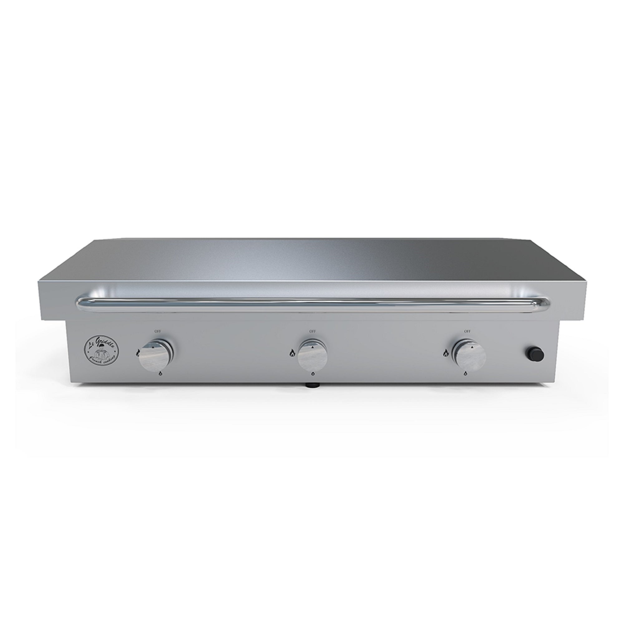 Le Griddle-3 Burner gas - 304 Stainless Steel Construction, Removable grease tray, stainless steel griddle with cast iron sub-plate, Patented griddle plate and safety valve with thermocouple in a white background - closed - front view
