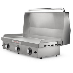 Le Griddle-3 Burner gas - 304 Stainless Steel Construction, Removable grease tray, stainless steel griddle with cast iron sub-plate, Patented griddle plate and safety valve with thermocouple in a white background - open