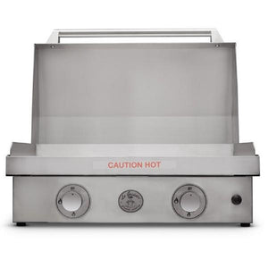 Le Griddle-2 burner gas - Stainless steel, Removable stainless steel griddle plate, Ventilation grill, curved tray with safety valve and thermocouple - open - in a white background front view