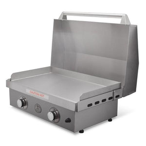 Le Griddle-2 burner gas - Stainless steel, Removable stainless steel griddle plate, Ventilation grill, curved tray with safety valve and thermocouple - open - in a white background isometric view