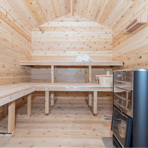 Dundalk Canadian Timber Georgian Cabin Sauna CTC88W - Eastern White Cedar - with Solid Cedar Wood Benches, bucket & ladle, harvia heater, two white towels - Inside view