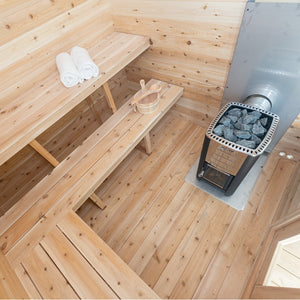 Dundalk Canadian Timber Georgian Cabin Sauna CTC88W - Eastern White Cedar with solid cedar wood benches, Harvia heater, bucket & ladle, two white towels - Inside setting