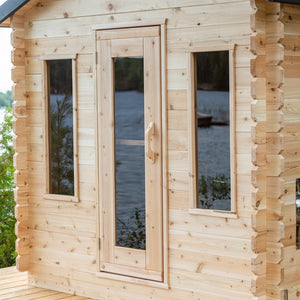 Dundalk Canadian Timber Georgian Cabin Sauna CTC88W - Eastern White Cedar with bronze tempered glass with wooden frame door and windows - Outdoor setting - close up view