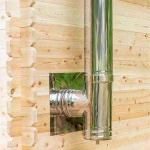 Dundalk Canadian Timber Georgian Cabin Sauna CTC88W - Eastern White Cedar with Harvia Chimney & Heat Shield set on side wall sauna