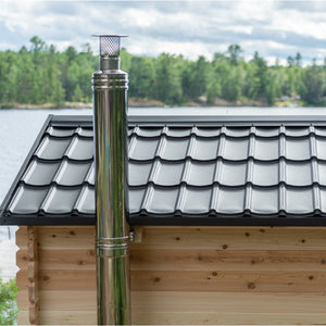 Dundalk Canadian Timber Georgian Cabin Sauna CTC88W - Eastern White Cedar with Harvia Chimney & Heat Shield set on side wall sauna