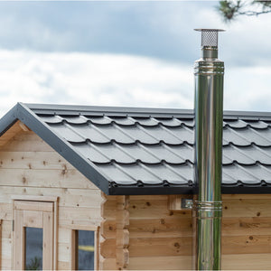 Dundalk Canadian Timber Georgian Cabin Sauna CTC88W - Eastern White Cedar with Harvia Chimney & Heat Shield set on side wall sauna