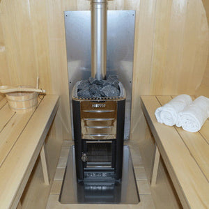 Harvia Sauna Stainless steel Chimney & Heat Shield Set for out the Top BSB214 - Inside setting - with solid benches, bucket & ladle, two white towels