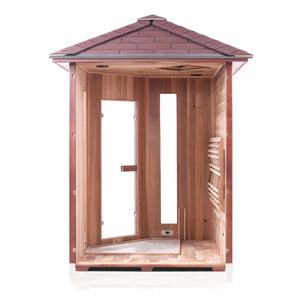 Rustic Infrared Sauna Canadian red cedar inside and out inside partial build view with peak roof