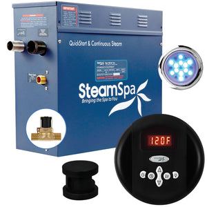 SteamSpa Indulgence 7.5 KW QuickStart Acu-Steam Bath Generator Package IN750 - Stainless Steel - Matte Black finish - 16 in. L x 6.5 in. W x 14.5 in. H - Includes a 7.5kW QuickStart Acu-Steam Bath Generator, Control Panel, Matte Black Steam head, Chroma therapy Light, Pressure Relief Valve, with built-in auto drain - Vital Hydrotherapy