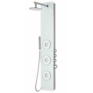 Anzzi Lynx 58 Inch Full Body Shower Panel with Heavy Rain Shower Head, Three Directional Acu-stream Body Jets, Four Shower Control Knobs and Euro-grip Free Range Hand Sprayer in White Deco-glass Body SP-AZ8090 - Vital Hydrotherapy