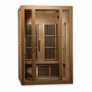 Maxxus Seattle Low EMF FAR Infrared Sauna - Natural hemlock wood construction with Tempered glass door and 2 full-length side windows, Interior reading light, Carbon Tech Low EMF FAR Infrared heaters , Roof vent, Interior LED control panel MP3 Aux connection, Electrical service in a white background