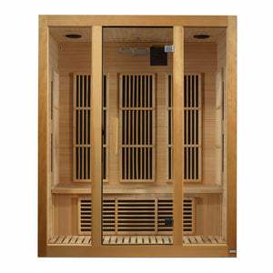 Maxxus Bellevue Low EMF FAR Infrared Sauna - 3 Person Natural hemlock wood construction Roof vent with Tempered glass door and 2 full-length side windows and Interior reading light front view in white background