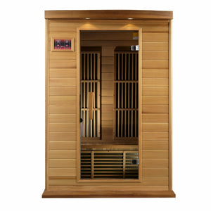 Maxxus Low EMF FAR Infrared Sauna - 2 Person - Natural hemlock wood construction with Tempered glass door and 2 full-length side windows, Interior color therapy lighting, Carbon heating panels, Roof vent, Interior/exterior LED control panels, FM Radio with BT, MP3 auxiliary, SD, and USB connection Electrical service in a white background