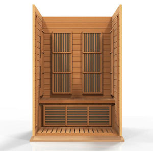 Maxxus Low EMF FAR Infrared Sauna - 2 Person - Natural hemlock wood construction inside partial build view in a white background