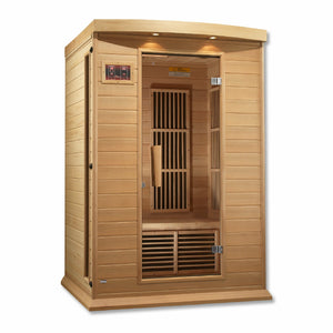 Maxxus Low EMF FAR Infrared Sauna - 2 Person - Natural hemlock wood construction with Tempered glass door and 2 full-length side windows, Interior color therapy lighting, Carbon heating panels, Roof vent, Interior/exterior LED control panels, FM Radio with BT, MP3 auxiliary, SD, and USB connection Electrical service in a white background