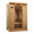 Maxxus Low EMF FAR Infrared Sauna - 2 Person - Natural hemlock wood construction with Tempered glass door and 2 full-length side windows,  Interior color therapy lighting,  Carbon heating panels, Roof vent,  Interior/exterior LED control panels,  FM Radio with BT, MP3 auxiliary, SD, and USB connection Electrical service in a white background