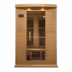 Maxxus Low EMF FAR Infrared Sauna - 2 Person - Natural hemlock wood construction with Tempered glass door and 2 full-length side windows, Interior color therapy lighting, Carbon heating panels, Roof vent, Interior/exterior LED control panels, FM Radio with BT, MP3 auxiliary, SD, and USB connection Electrical service in a white background