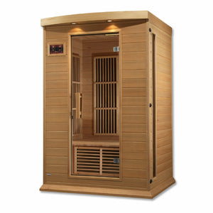 Maxxus Low EMF FAR Infrared Sauna - 2 Person - Natural hemlock wood construction with Tempered glass door and 2 full-length side windows, Interior color therapy lighting, Carbon heating panels, Roof vent, Interior/exterior LED control panels, FM Radio with BT, MP3 auxiliary, SD, and USB connection Electrical service in a white background