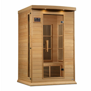 Maxxus Near Zero EMF FAR Infrared Sauna - 2 Person - Natural canadian hemlock wood construction with Tempered glass door and 2 full-length side windows, Interior reading light, Carbon Tech Low EMF FAR Infrared heaters , Roof vent, Interior LED control panel, FM Radio with BT, MP3 auxiliary, SD, and USB connection, Electrical service in a white background