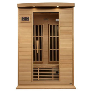 Maxxus Near Zero EMF FAR Infrared Sauna - 2 Person - Natural canadian hemlock wood construction with Tempered glass door and 2 full-length side windows, Interior reading light, Carbon Tech Low EMF FAR Infrared heaters , Roof vent, Interior LED control panel, FM Radio with BT, MP3 auxiliary, SD, and USB connection, Electrical service in a white background