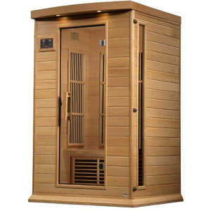 Maxxus Near Zero EMF FAR Infrared Sauna - 2 Person - Natural canadian hemlock wood construction with Tempered glass door and 2 full-length side windows, Interior reading light, Carbon Tech Low EMF FAR Infrared heaters , Roof vent, Interior LED control panel, FM Radio with BT, MP3 auxiliary, SD, and USB connection, Electrical service in a white background