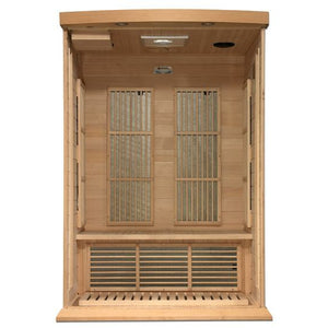 Maxxus Near Zero EMF FAR Infrared Sauna - 2 Person - Natural canadian hemlock wood construction with Tempered glass door and 2 full-length side windows, Interior reading light, Carbon Tech Low EMF FAR Infrared heaters , Roof vent, Interior LED control panel, FM Radio with BT, MP3 auxiliary, SD, and USB connection, Electrical service interior vie in a white background