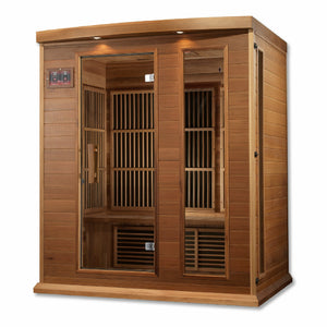 Maxxus Avignon Edition Near Zero EMF FAR Infrared Sauna - 3 Person Natural Canadian Red Cedar Roof vent with Tempered glass door and 2 full-length side windows and LED control panels isometric view in white background