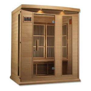 Maxxus Infrared Canadian Hemlock Sauna with tempered glass door and 2 full length side windows 3 person isometrical view