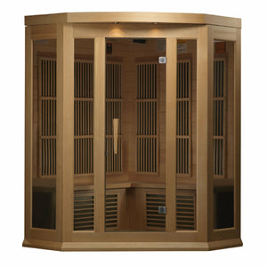 Maxxus Low EMF FAR Infrared Sauna - 3 Person - Natural hemlock wood construction with Tempered glass door and 2 full-length side windows, Interior color therapy lighting, Carbon heating panels, Roof vent, Interior/exterior LED control panels, FM Radio with BT, MP3 auxiliary, SD, and USB connection Electrical service in a white background
