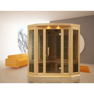 Maxxus Low EMF FAR Infrared Sauna - 3 Person - Natural hemlock wood construction with Tempered glass door and 2 full-length side windows, Interior color therapy lighting, Carbon heating panels, Roof vent, Interior/exterior LED control panels, FM Radio with BT, MP3 auxiliary, SD, and USB connection Electrical service placed in a living room