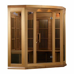 Maxxus Low EMF FAR Infrared Sauna - 3 Person - Natural Canadian red cedar construction with Tempered glass door and 2 full-length side windows, Interior color therapy lighting, Carbon heating panels, Roof vent, Interior/exterior LED control panels, FM Radio with BT, MP3 auxiliary, SD, and USB connection Electrical service in a white background