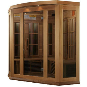 Maxxus Low EMF FAR Infrared Sauna - 3 Person - Natural Canadian red cedar construction with Tempered glass door and 2 full-length side windows, Interior color therapy lighting, Carbon heating panels, Roof vent, Interior/exterior LED control panels, FM Radio with BT, MP3 auxiliary, SD, and USB connection Electrical service in a white background