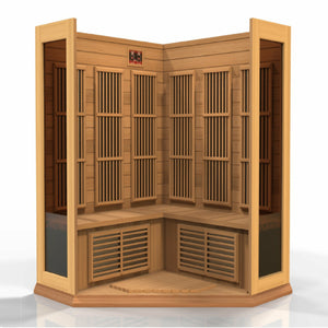 Maxxus Chaumont Edition Corner Near Zero EMF FAR Infrared Sauna - 3 Person Natural Canadian Red Cedar with Tempered 2 full-length side windows inside front view in white background