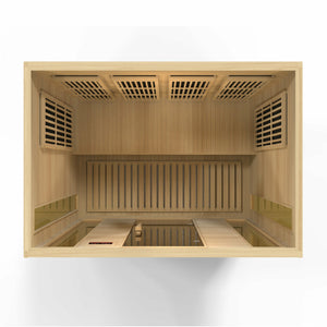 Maxxus Low EMF FAR Infrared Sauna - 4 Person - Natural hemlock wood construction with Tempered glass door and 2 full-length side windows, Interior color therapy lighting, Carbon heating panels, Roof vent, Interior/exterior LED control panels, FM Radio with BT, MP3 auxiliary, SD, and USB connection Electrical service top view in a white background