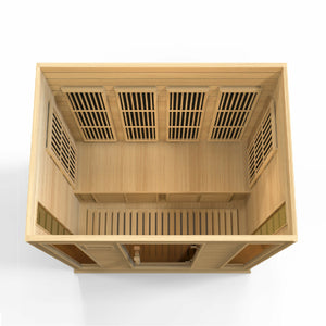 Maxxus Low EMF FAR Infrared Sauna - 4 Person - Natural hemlock wood construction with Tempered glass door and 2 full-length side windows, Interior color therapy lighting, Carbon heating panels, Roof vent, Interior/exterior LED control panels, FM Radio with BT, MP3 auxiliary, SD, and USB connection Electrical service top view in a white background