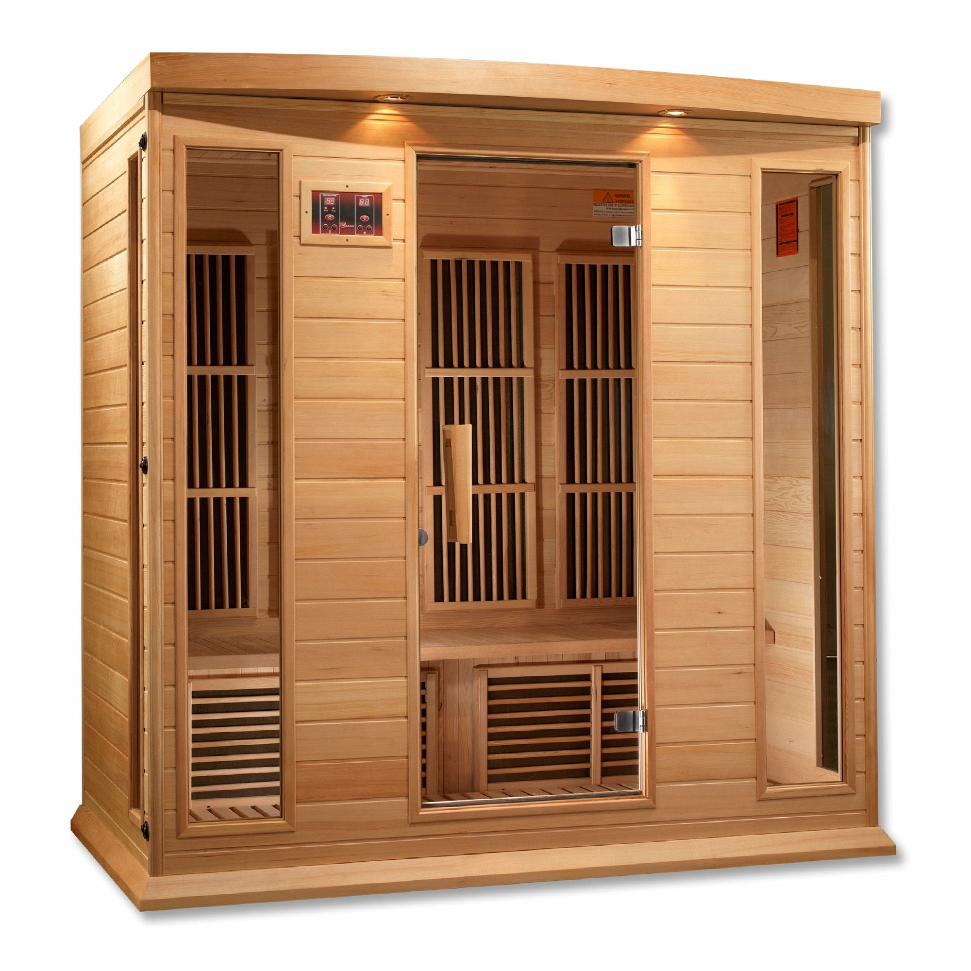 Maxxus Low EMF FAR Infrared Sauna - 4 Person - Natural hemlock wood construction with Tempered glass door and 2 full-length side windows,  Interior color therapy lighting,  Carbon heating panels, Roof vent,  Interior/exterior LED control panels,  FM Radio with BT, MP3 auxiliary, SD, and USB connection Electrical service in a white background