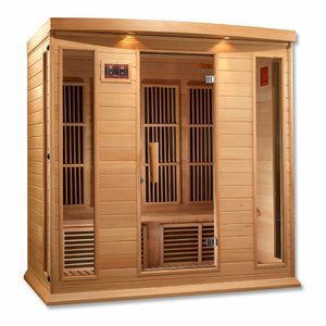 Maxxus Low EMF FAR Infrared Sauna - 4 Person - Natural hemlock wood construction with Tempered glass door and 2 full-length side windows, Interior color therapy lighting, Carbon heating panels, Roof vent, Interior/exterior LED control panels, FM Radio with BT, MP3 auxiliary, SD, and USB connection Electrical service in a white background
