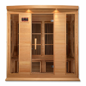 Maxxus Low EMF FAR Infrared Sauna - 4 Person - Natural hemlock wood construction with Tempered glass door and 2 full-length side windows, Interior color therapy lighting, Carbon heating panels, Roof vent, Interior/exterior LED control panels, FM Radio with BT, MP3 auxiliary, SD, and USB connection Electrical service in a white background