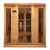 Maxxus Low EMF FAR Infrared Sauna - 4 Person - Natural hemlock wood construction with Tempered glass door and 2 full-length side windows,  Interior color therapy lighting,  Carbon heating panels, Roof vent,  Interior/exterior LED control panels,  FM Radio with BT, MP3 auxiliary, SD, and USB connection Electrical service in a white background