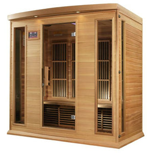 Maxxus Low EMF FAR Infrared Sauna - 4 Person - Natural Canadian red cedar wood construction with Tempered glass door and 2 full-length side windows,  Interior color therapy lighting,  Carbon heating panels, Roof vent,  Interior/exterior LED control panels,  FM Radio with BT, MP3 auxiliary, SD, and USB connection Electrical service in a white background
