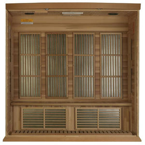 Maxxus Low EMF FAR Infrared Sauna - 4 Person - Natural Canadian red cedar wood construction with Tempered glass door and 2 full-length side windows,  Interior color therapy lighting,  Carbon heating panels, Roof vent,  Interior/exterior LED control panels,  FM Radio with BT, MP3 auxiliary, SD, and USB connection Electrical service inside partial build view in a white background