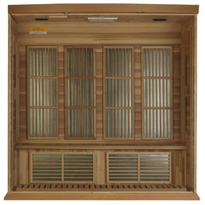 Maxxus Low EMF FAR Infrared Sauna - 4 Person - Natural Canadian red cedar wood construction with Tempered glass door and 2 full-length side windows, Interior color therapy lighting, Carbon heating panels, Roof vent, Interior/exterior LED control panels, FM Radio with BT, MP3 auxiliary, SD, and USB connection Electrical service inside partial build view in a white background