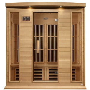 Maxxus Near Zero EMF FAR Infrared Sauna - Natural canadian hemlock wood construction with Tempered glass door and 2 full-length side windows, Interior reading light, Carbon Tech Low EMF FAR Infrared heaters , Roof vent, Interior LED control panel, FM Radio with BT, MP3 auxiliary, SD, and USB connection, Electrical service in a white background