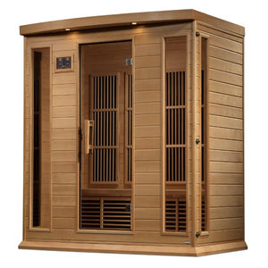 Maxxus Near Zero EMF FAR Infrared Sauna - Natural canadian hemlock wood construction with Tempered glass door and 2 full-length side windows, Interior reading light, Carbon Tech Low EMF FAR Infrared heaters , Roof vent, Interior LED control panel, FM Radio with BT, MP3 auxiliary, SD, and USB connection, Electrical service in a white background