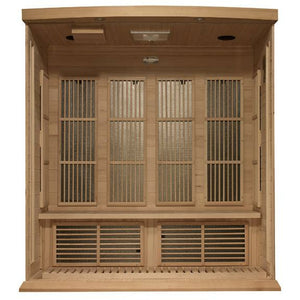 Maxxus Near Zero EMF FAR Infrared Sauna - Natural canadian hemlock wood construction with Tempered glass door and 2 full-length side windows, Interior reading light, Carbon Tech Low EMF FAR Infrared heaters , Roof vent, Interior LED control panel, FM Radio with BT, MP3 auxiliary, SD, and USB connection, Electrical service interior view in a white background