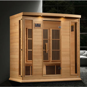 Maxxus Near Zero EMF FAR Infrared Sauna - Natural canadian hemlock wood construction with Tempered glass door and 2 full-length side windows, Interior reading light, Carbon Tech Low EMF FAR Infrared heaters , Roof vent, Interior LED control panel, FM Radio with BT, MP3 auxiliary, SD, and USB connection, Electrical service